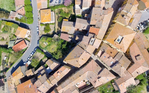 Medieval Town in Tuscany countryside. Amazing aerial panoramic overhead view