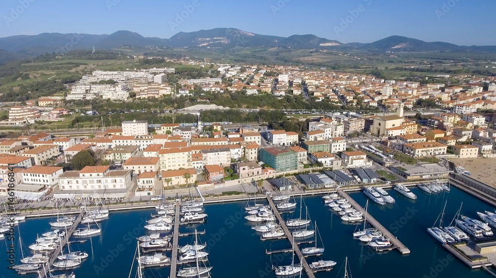 Aerial view of Tuscany port and city skyline