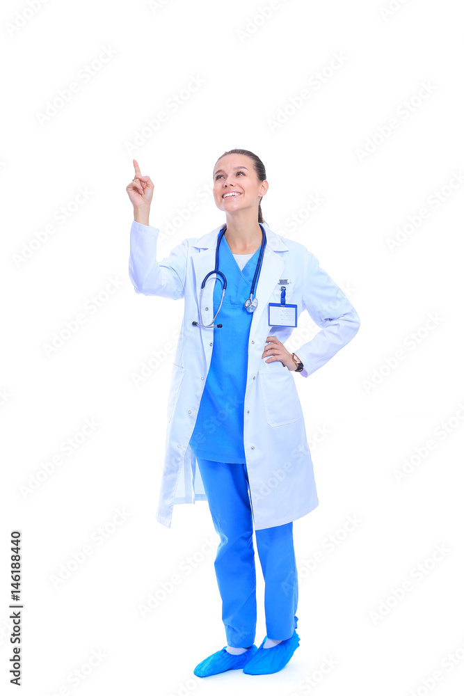 A portrait of a female doctor pointing isolated on white background A portrait of a female doctor pointing isolated on white background