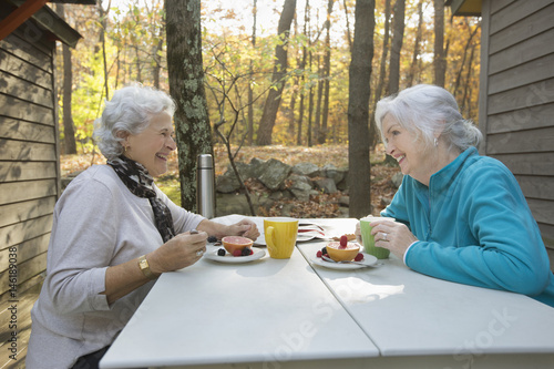 Caucasian women enjoying breakfast outdoors near cabin photo