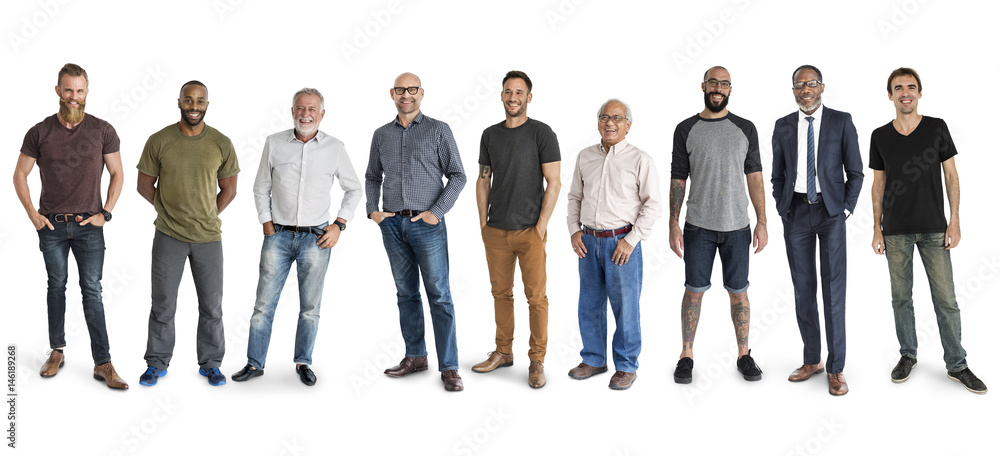 Diversity Men Set Gesture Standing Together Studio Isolated - obrazy, fototapety, plakaty 