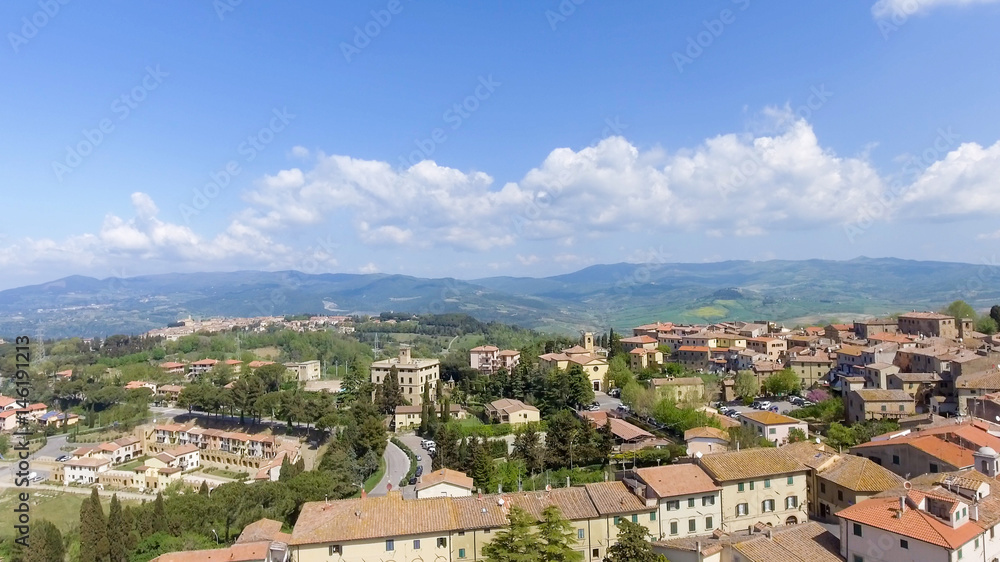 Aerial overhead view of Guardistallo, small medieval town of Tuscany