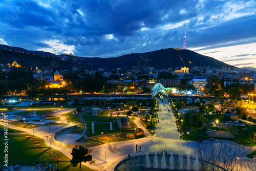 View of Rike Park with Bridge of Peace at night. Tbilisi  Georgia