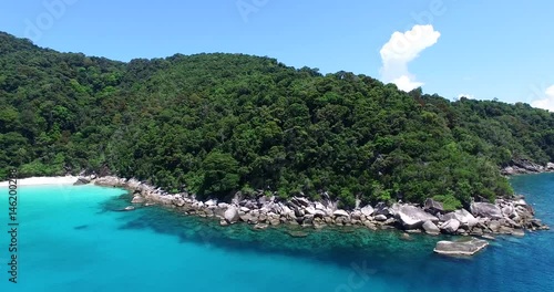 Zoom in aerial footage of Blue Lagoon beach Perhentian Island Malaysia