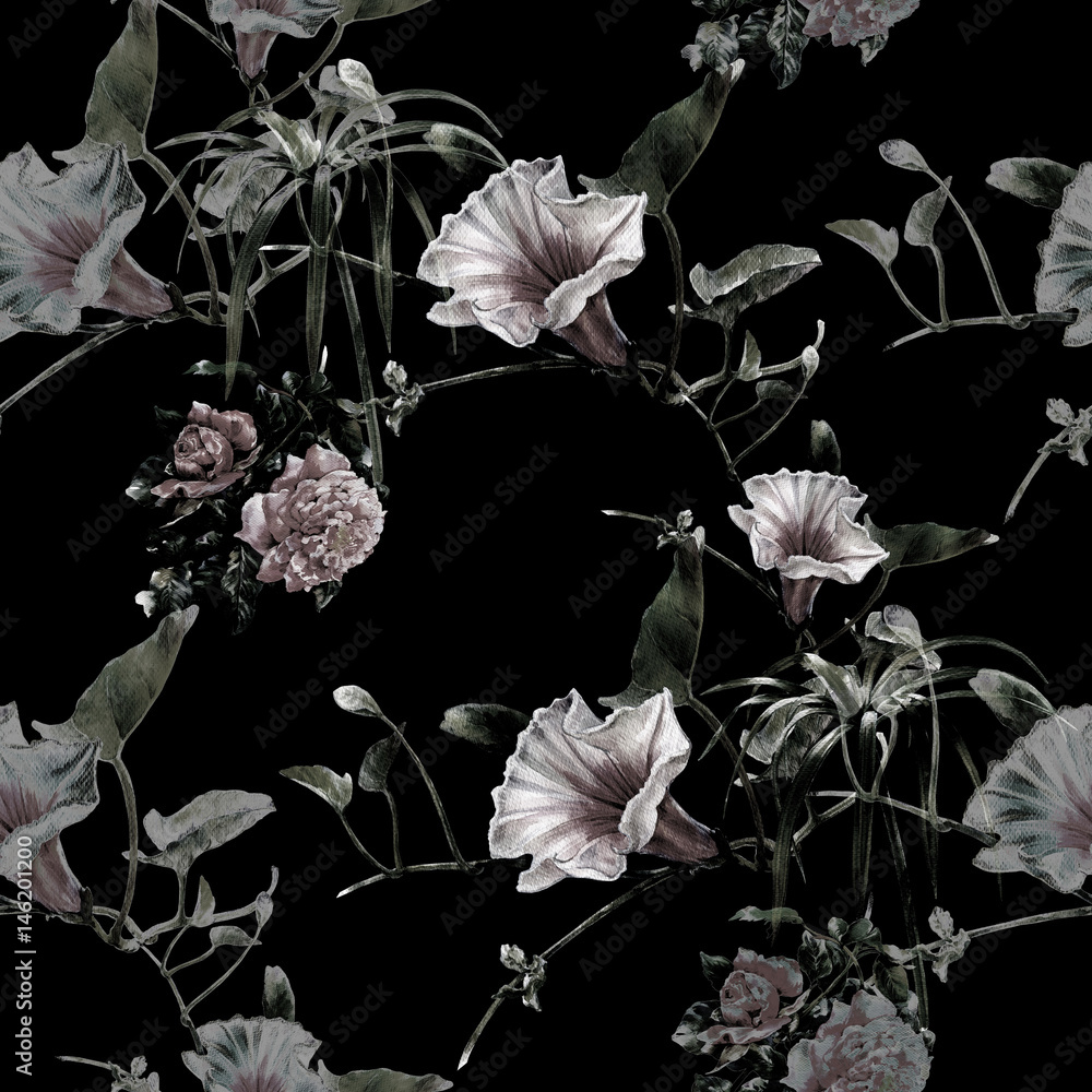 Fototapeta premium Watercolor painting of leaf and flowers, seamless pattern on dark background