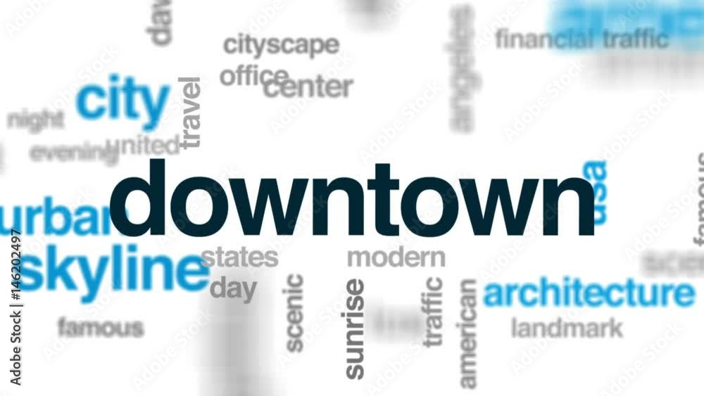 Downtown animated word cloud, text design animation. Downtown animated word cloud, text design animation.