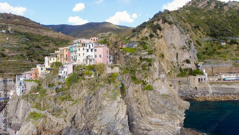 Aerial view of Manarola. Five Lands from the sky, Italy
