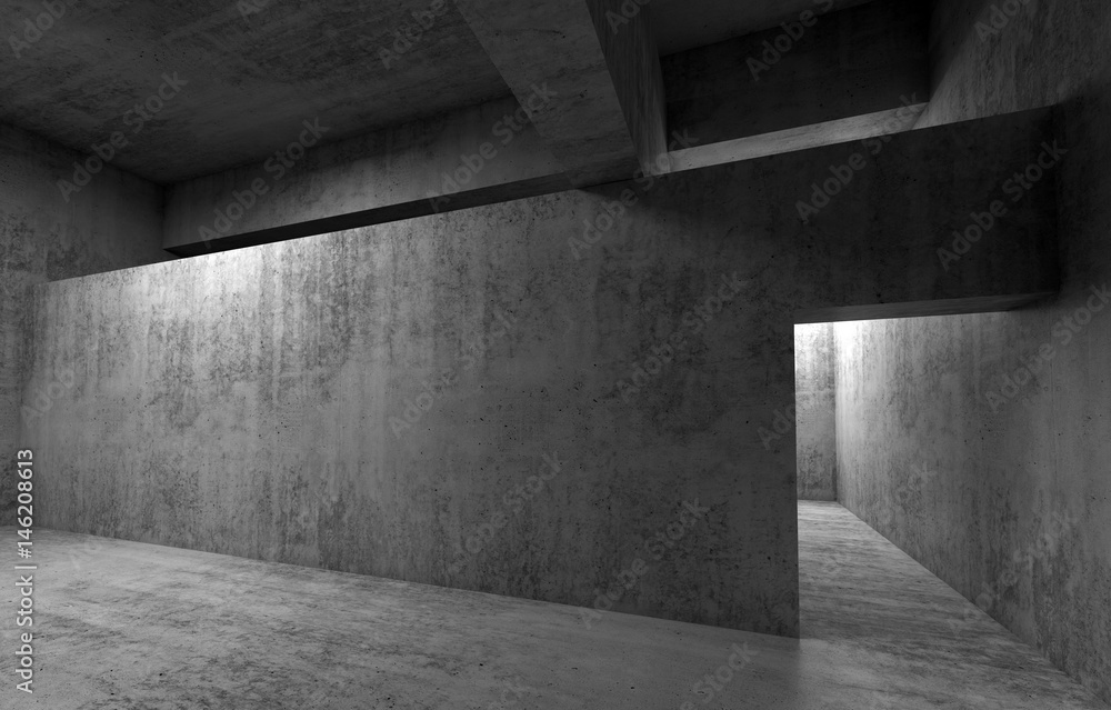 Abstract empty room concrete interior, walls and girders, 3d render illustration Abstract empty room concrete interior, walls and girders, 3d render illustration