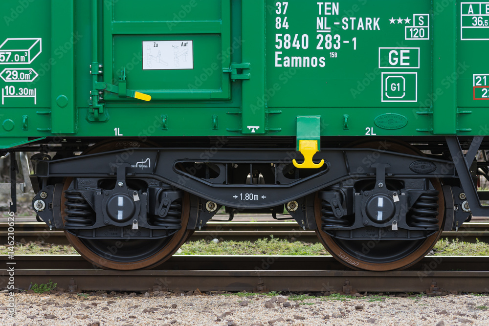Burgas, Bulgaria - March 20, 2017 - Freight cargo train Wheels- 4axled box wagon green Type:Eanos Model:155-1 - Transvagon AD Burgas, Bulgaria - March 20, 2017 - Freight cargo train Wheels- 4axled box wagon green Type:Eanos Model:155-1 - Transvagon AD