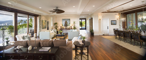 Interior contemporary great room with hardwood floors