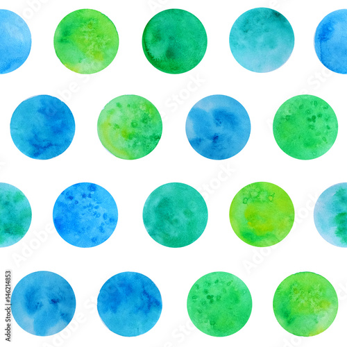 Hand drawn watrcolor circles of blue, green and yellow colors pattern on the white background