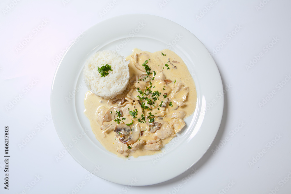 stewed chicken with white rice and mashroom sauce stewed chicken with white rice and mashroom sauce