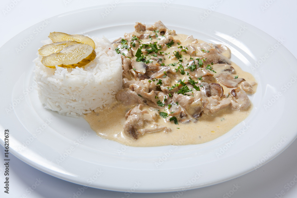 stewed chicken with white rice and mashroom sauce stewed chicken with white rice and mashroom sauce