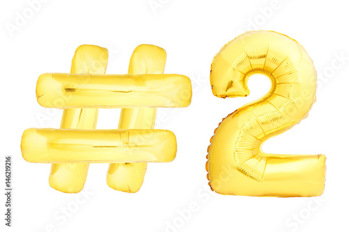 Golden number two with hashtag symbol helium air balloon isolated on white background