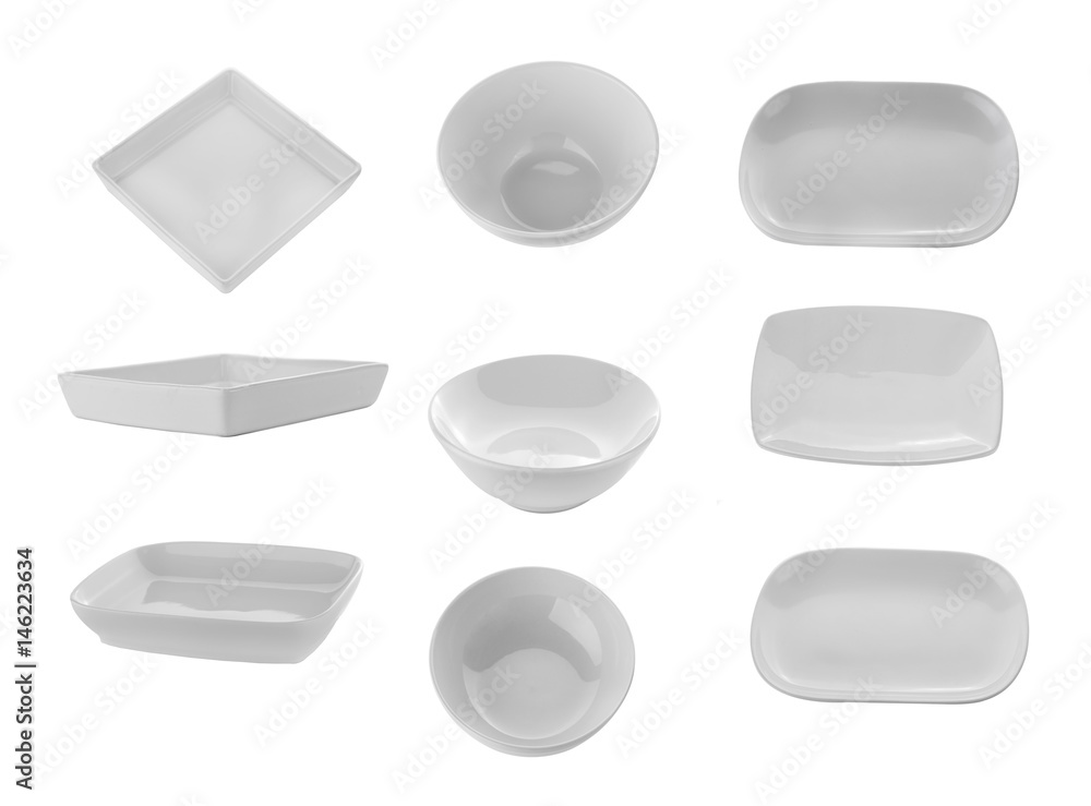 white ceramics plate and bowl isolated on white background - obrazy, fototapety, plakaty 