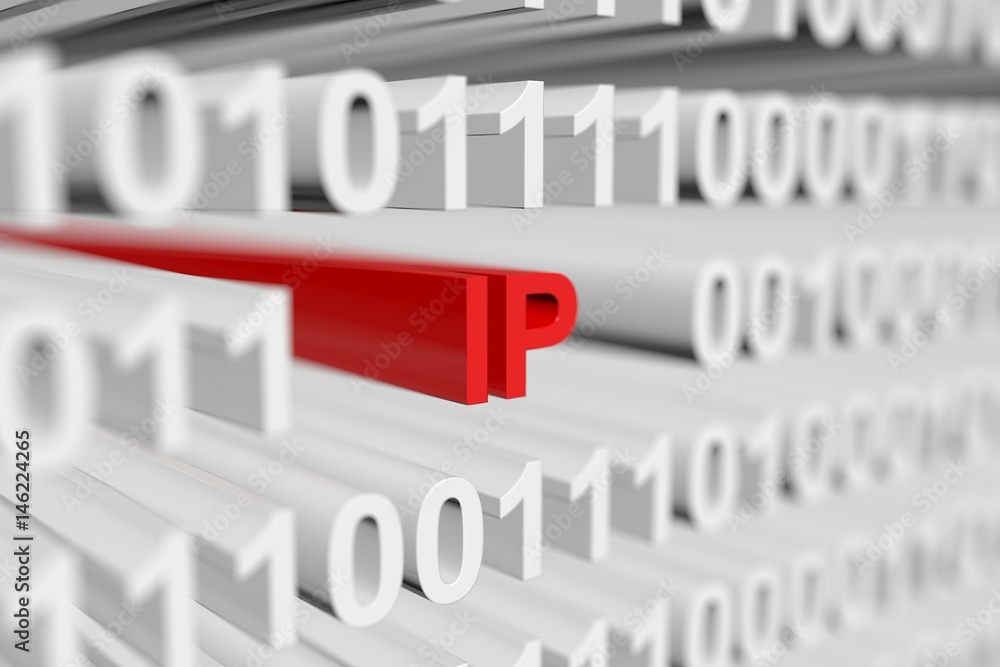 IP in binary code with blurred background 3D illustration