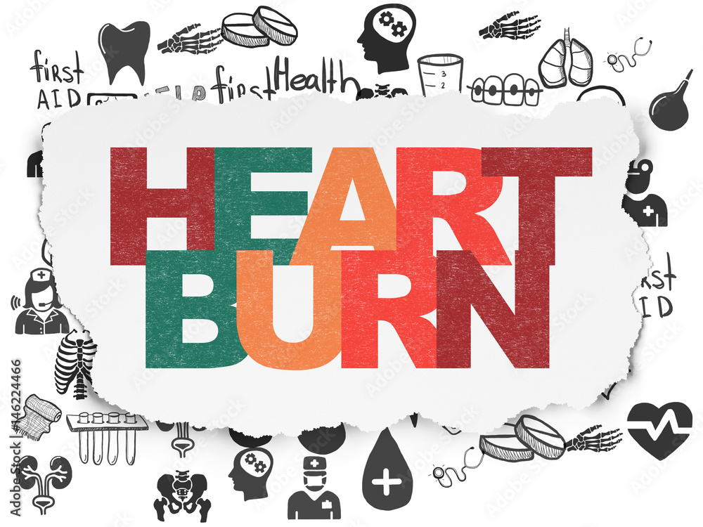 Health concept: Heartburn on Torn Paper background
