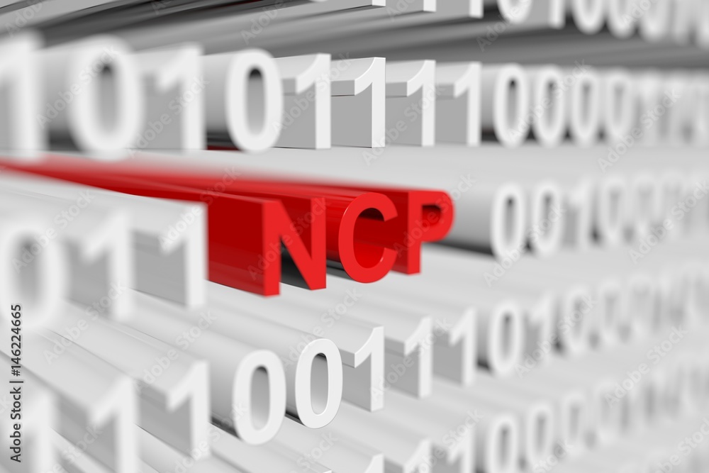 NCP in binary code with blurred background 3D illustration