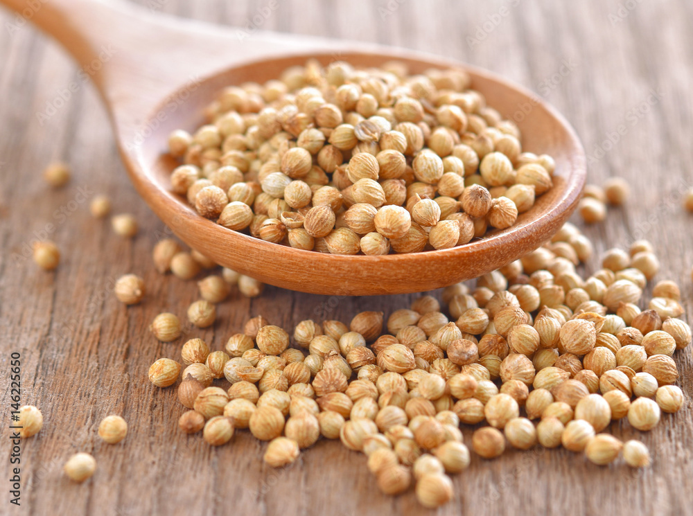 Coriander seeds in wood spoon on table