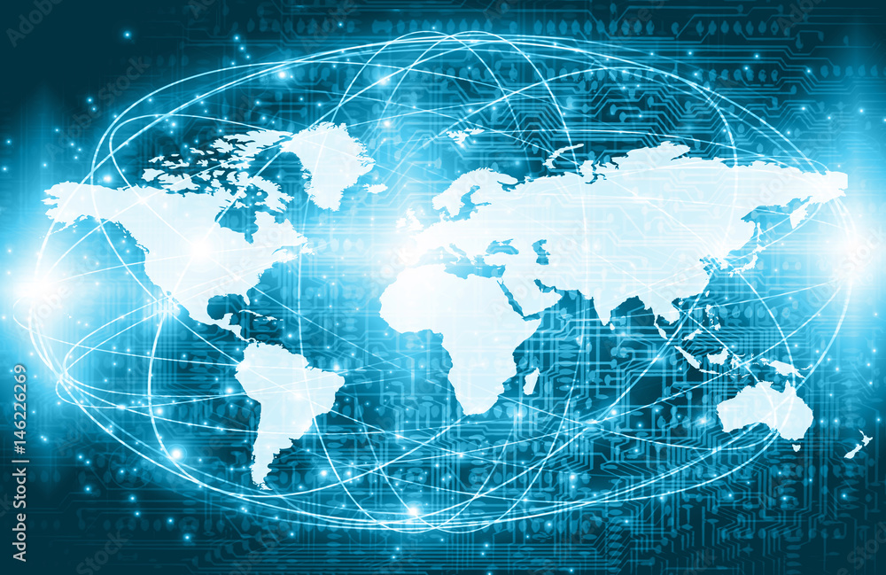World map on a technological background, glowing lines symbols of the Internet, radio, television, mobile and satellite communications. World map on a technological background, glowing lines symbols of the Internet, radio, television, mobile and satellite communications.
