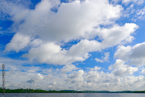 Bentota Ganga river, Sri Lanka. Summer landscape with white stormy clouds. Mangrove trees in the water. Big river in Asia. Beautiful sky in the wild nature. Storm clouds with dark blue sky.
