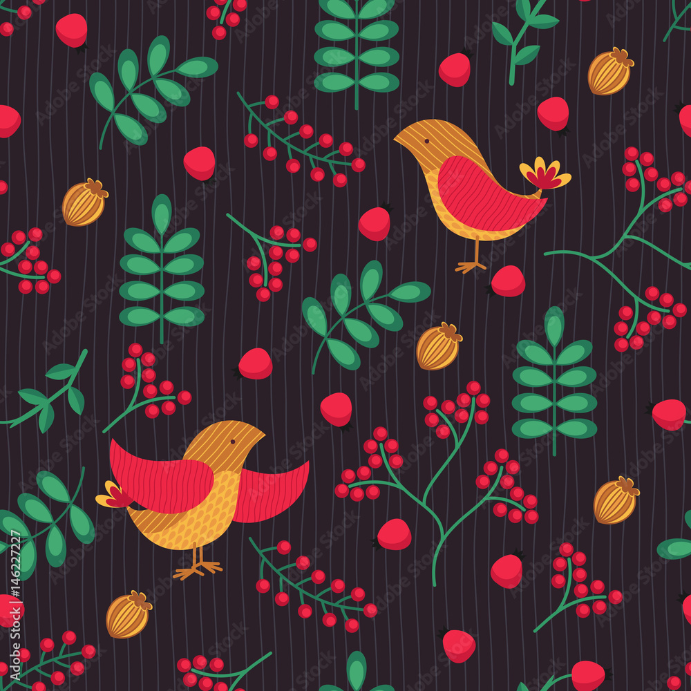 Obraz premium Seamless patterns with bird, leaves and berries. Hand drawn vector background.