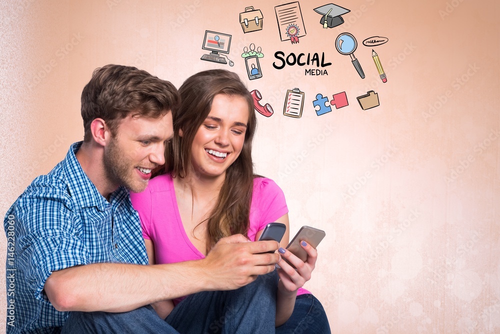 Digital composite image of happy couple using social media