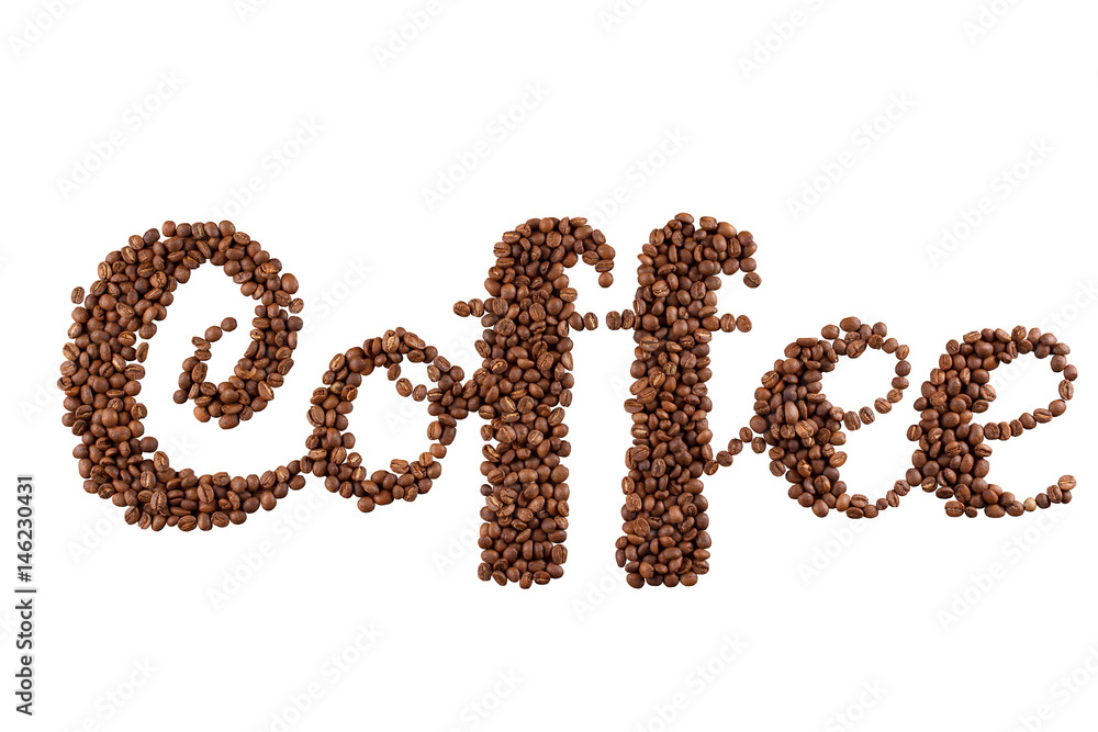 lettering coffee. Coffee beans in the form of a text coffee, white background lettering coffee. Coffee beans in the form of a text coffee, white background