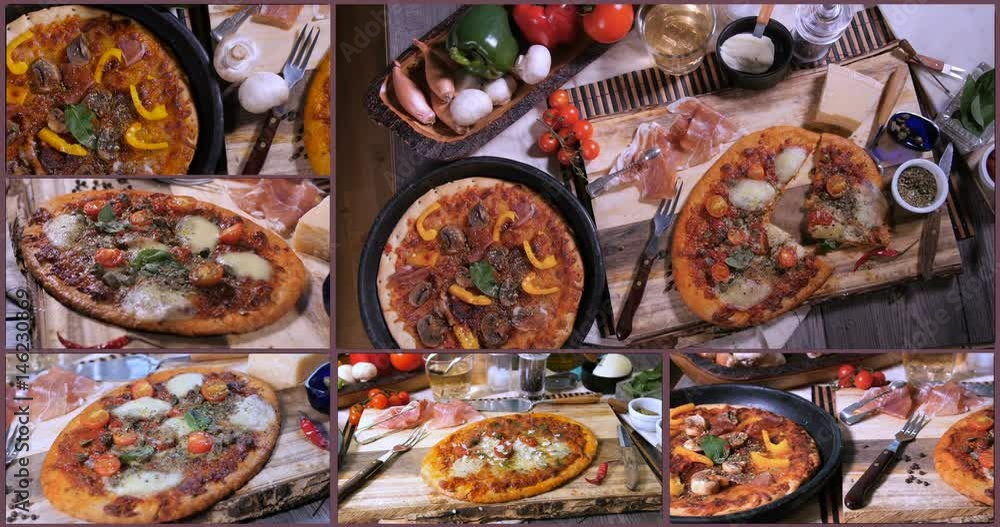 Collage of views of an Italian pizza margherita Collage of views of an Italian pizza margherita