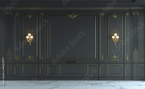 Black wall panels in classical style with gilding. 3d rendering