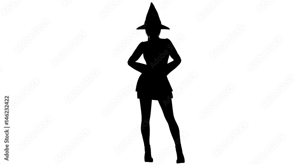 Fototapeta premium Shadow of one young slim and pretty witch with a long hat. She stands with her hands behind her back and her raised feet. View from afar. Back view
