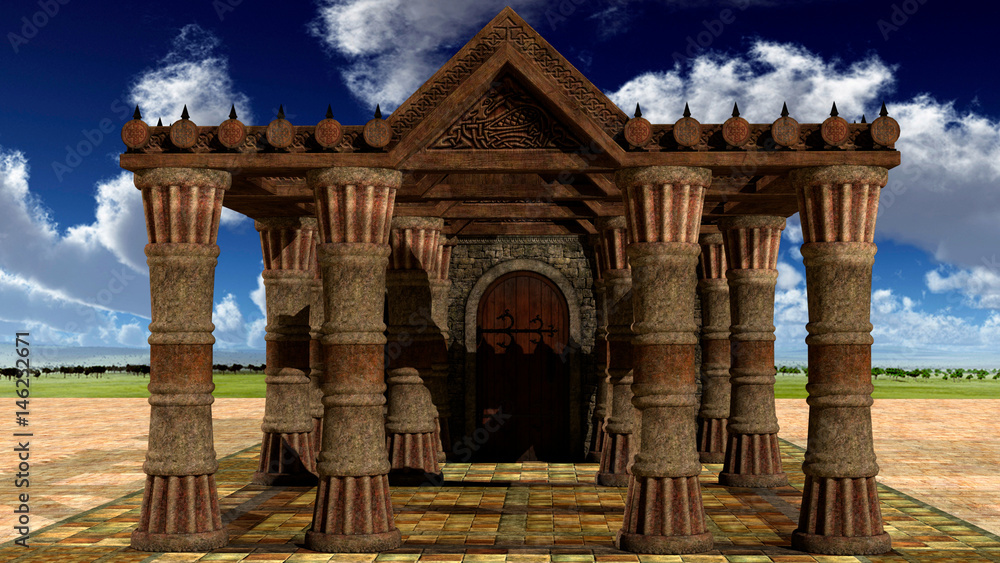 Fototapeta premium view of an old medieval stone building. Horizon with clouds and sky. Day. In full view