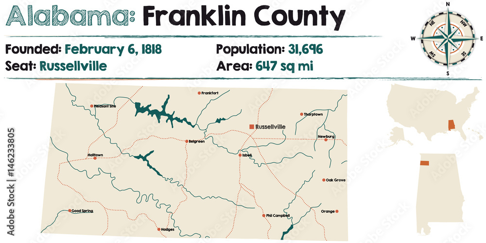 Large and detailed map of Franklin County in Alabama