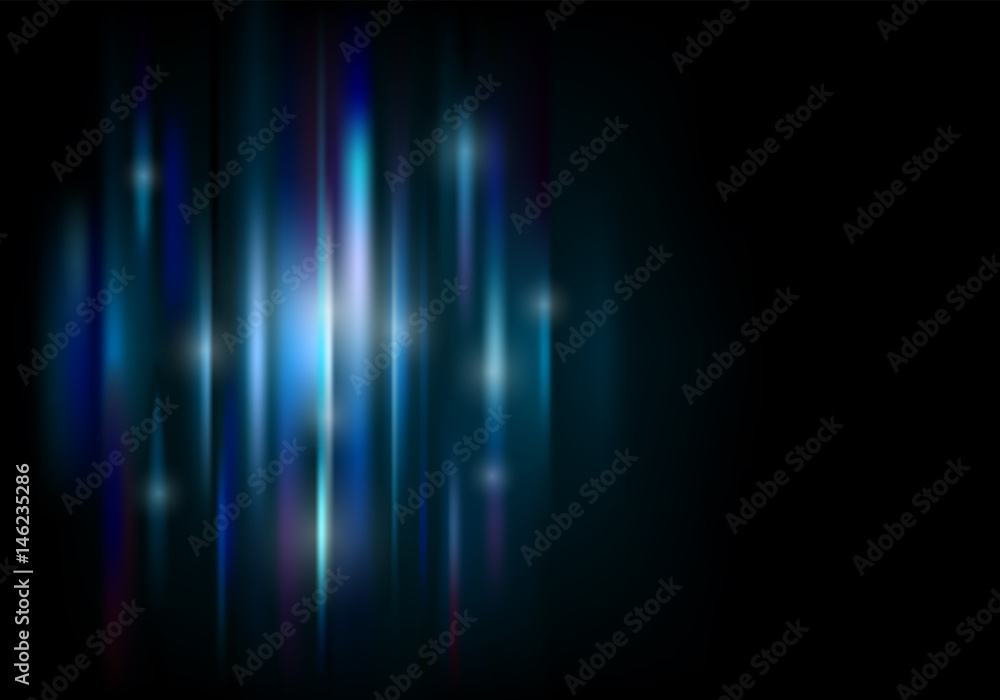 Horizontal dark background with luminous particles and vertical lines. Black background with colored strings and sparks