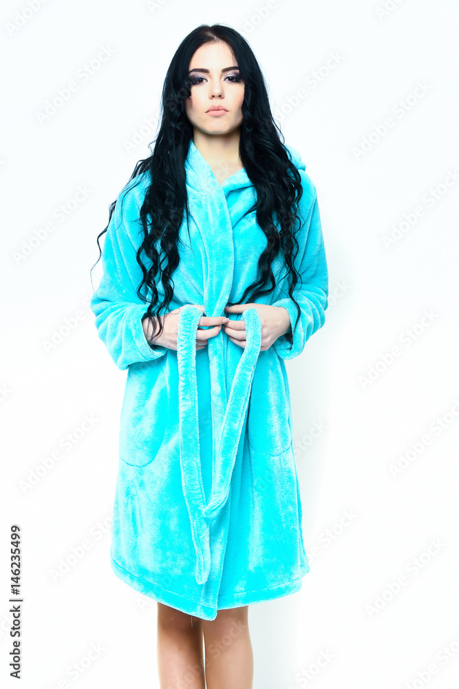 sexy girl posing in turquoise velour bathrobe sexy girl posing in turquoise velour bathrobe