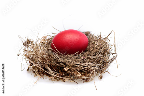 traditional egg painted in red color inside nest