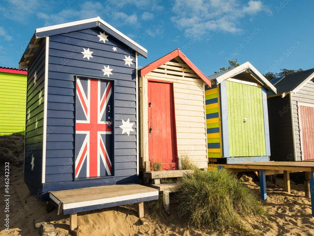 Naklejka premium Colourful bathing boxes in Mornington on the Mornington Peninsula