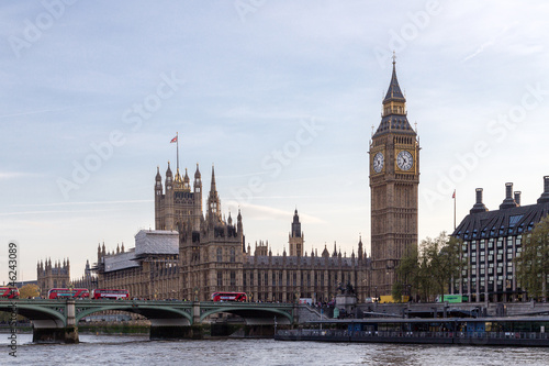 Different buildings of the city of London seen from a boat by the river Thames