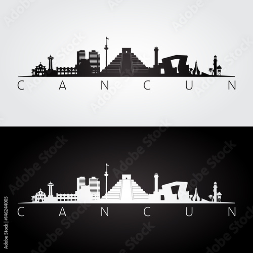 Cancun skyline and landmarks silhouette.