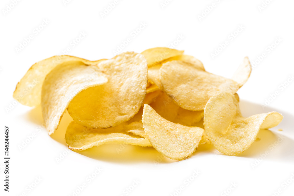 Crispy potato chips isolated on white background close-up Crispy potato chips isolated on white background close-up