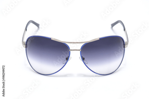 Sunglasses with blue iron frame isolated on white