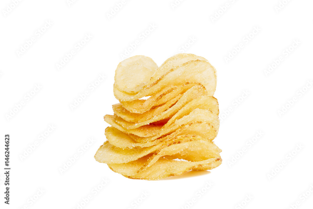 stack of crispy potato chips isolated on white background close-up stack of crispy potato chips isolated on white background close-up