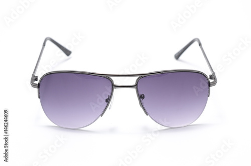 Men's sunglasses in metal frame with purple glass isolated on white