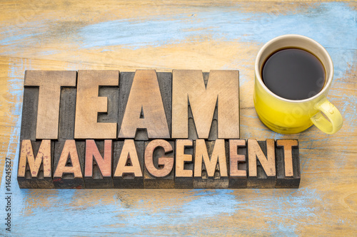 team management banner in letterpress wood type
