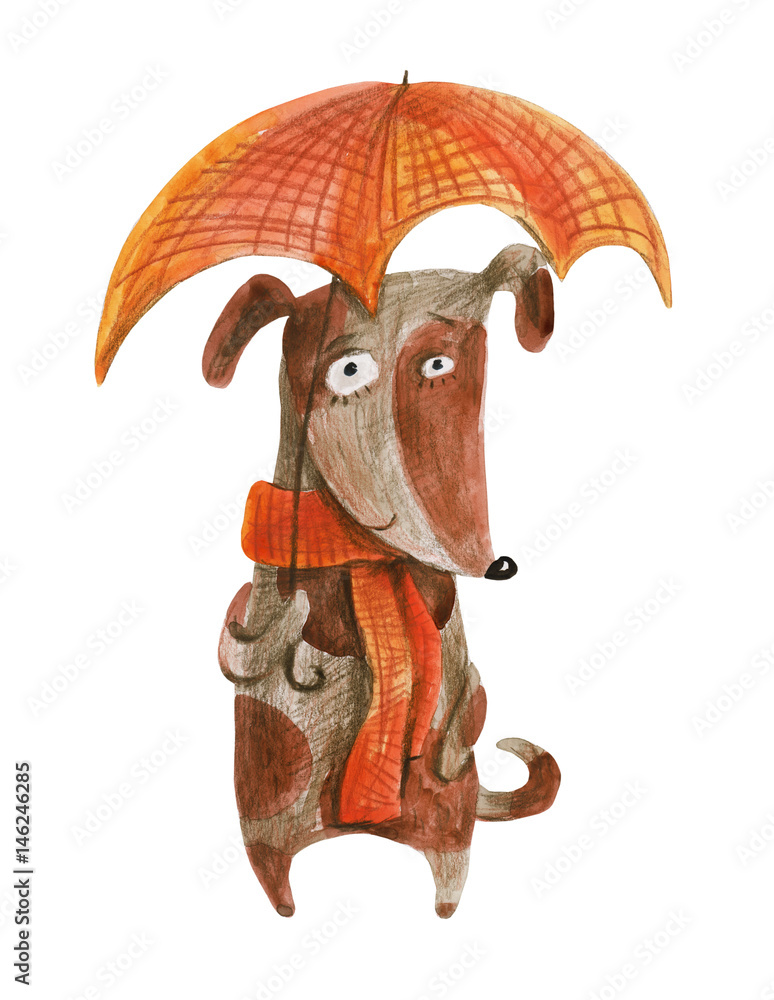Fototapeta Pies z czerwonym parasolem w kratę. Akwarela ilustracja Rysunek odręczny