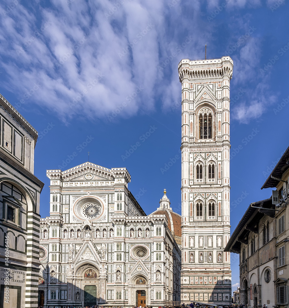 The facade of the famous Cathedral of Santa Maria del Fiore, Duomo of Florence, Italy, on a sunny day