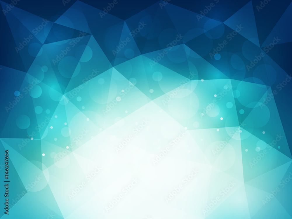 Fototapeta premium Abstract blue polygonal background with light and bokeh effect. Vector illustration.