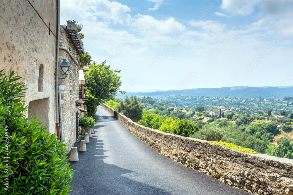 typical street with panoramic view in Saint Paul de Vence