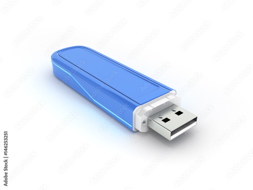 USB flash drive in blue with backlight isolated on white background with reflection 3d USB flash drive in blue with backlight isolated on white background with reflection 3d