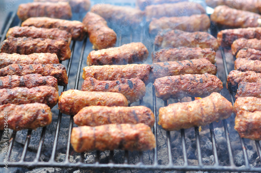 Traditional Romanian food, grilled meat rolls known as mititei or mici